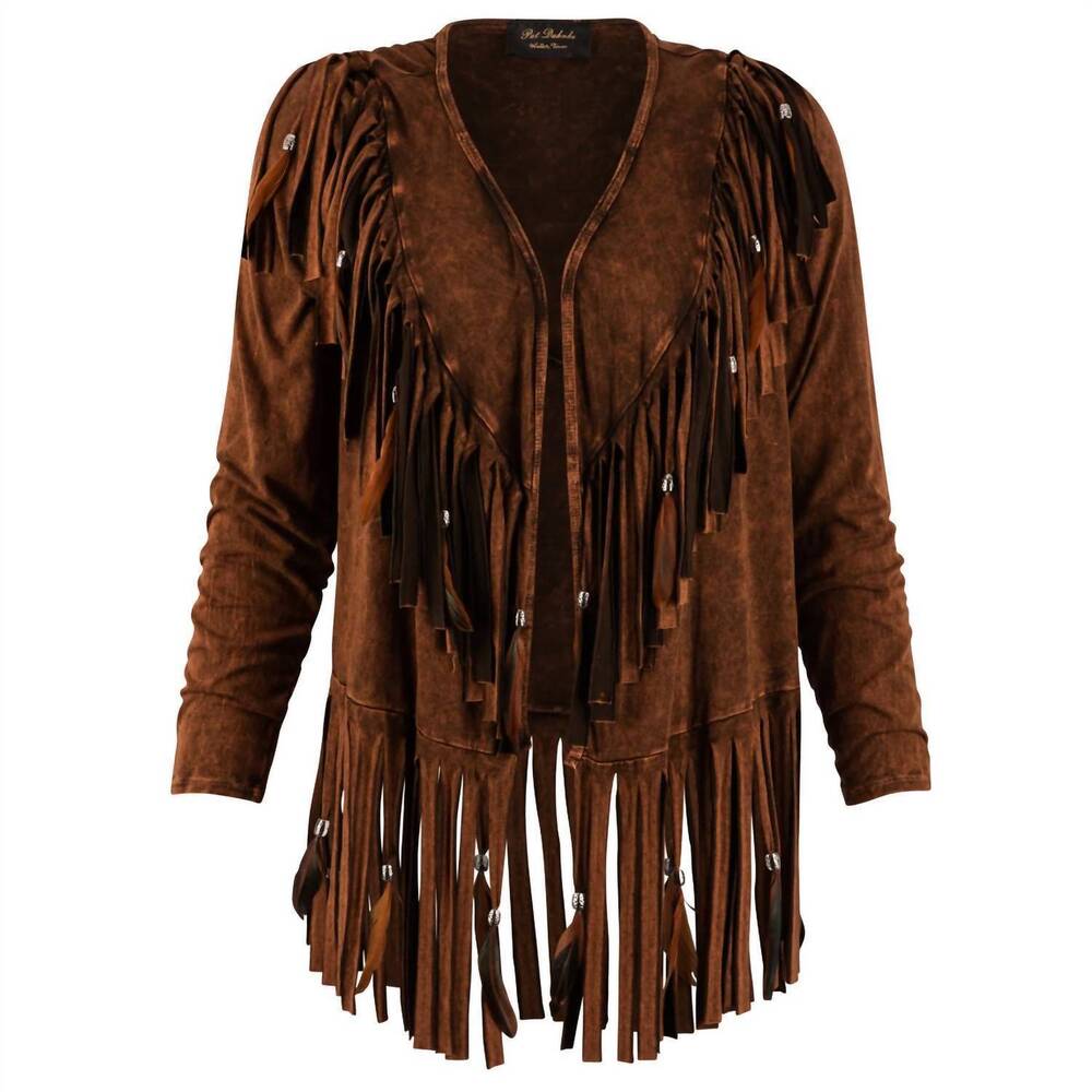 NEW PAT DAHNKE women's short v back fringed and feathered jacket in brown